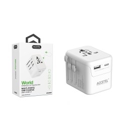 UC606W Adaptador de plugue de viagem internacional com duas portas USB-C e USB-A 2.4A - Branco