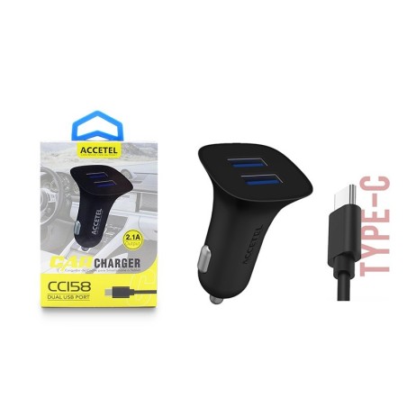 CC158 Carregador de Carro Duplo USB 2.1A - Tipo-C Preto