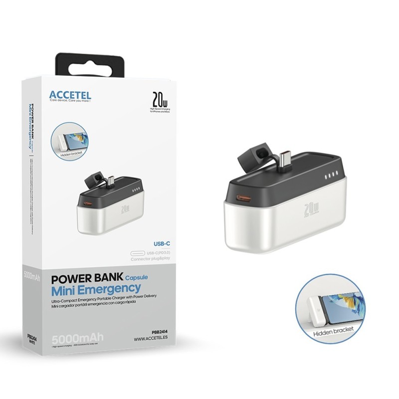 PBB2414W Mini Bateria Auxiliar Externa Tipo-C Carregamento Rápido 5000mAh 20W PD 3.0 - Branco