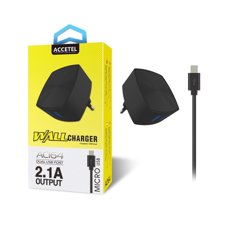 AC164 Carregador de Parede Duplo USB 2.1A - Micro USB Preto