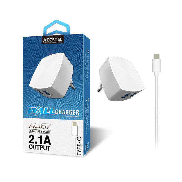 AC167 Carregador de Parede Duplo USB 2.1A - Tipo-C Branco