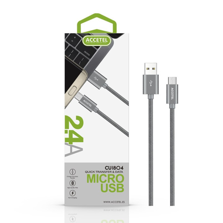 CU1804 Cabo de Dados Nylon 2.4A -Micro USB Cinza