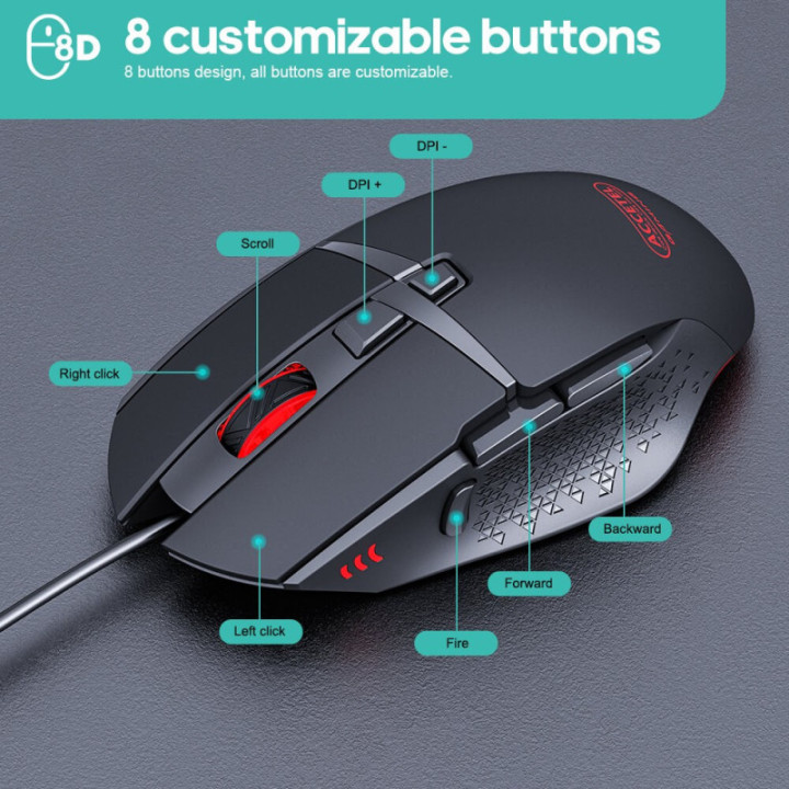 Rato óptico para jogos PCM291 RGB 1200/2400/4800/7200 DPI