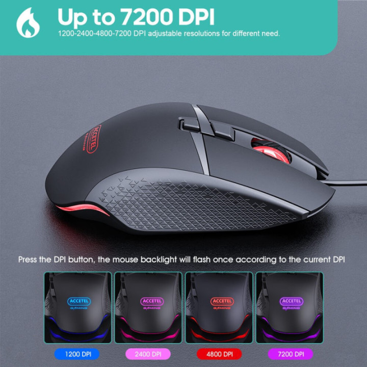 Rato óptico para jogos PCM291 RGB 1200/2400/4800/7200 DPI