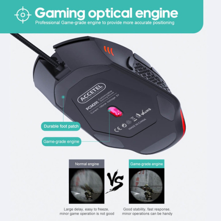 Rato óptico para jogos PCM291 RGB 1200/2400/4800/7200 DPI