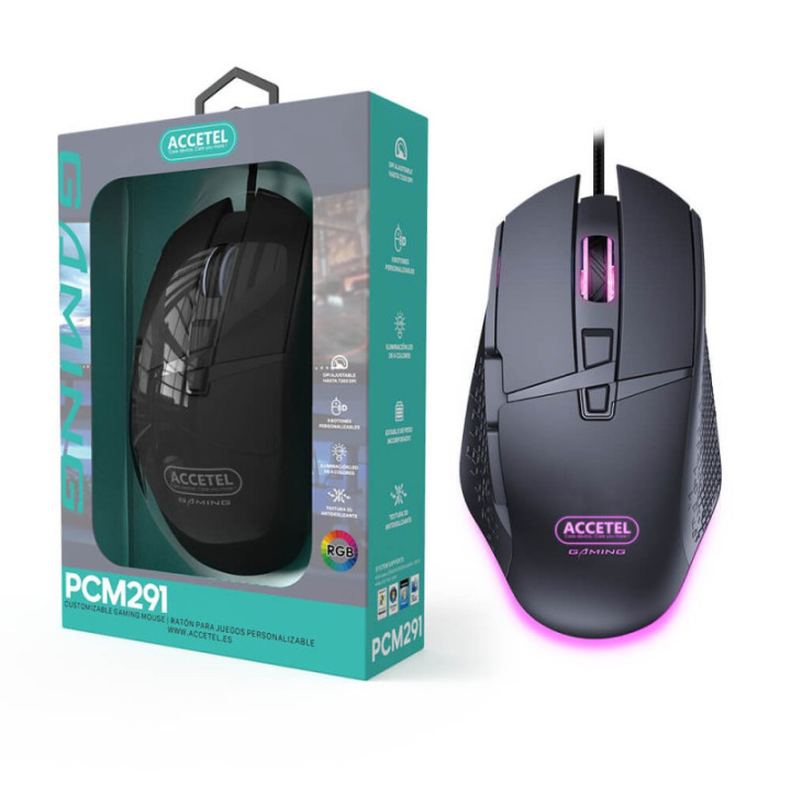 Rato óptico para jogos PCM291 RGB 1200/2400/4800/7200 DPI