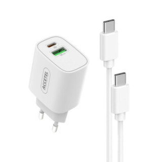 AC827 Carregador de Parede Carregamento Rápido Dupla USB-C+USB-A QC3.0/PD 20W - Cabo USB-C para USB-C 1M