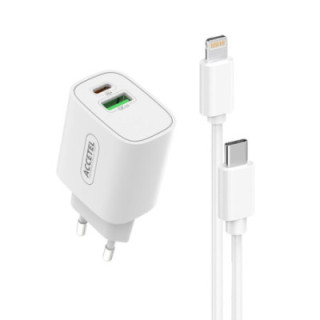 AC823 Carregador de Parede Carregamento Rápido Dupla USB-C+USB-A QC3.0/PD 20W - Cabo USB-C para Lightning 1M