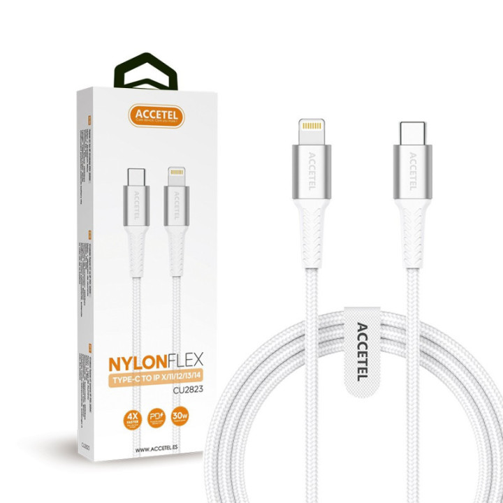 CU2823 Cabo de Carregamento Rápido Nylon Flex 30W - Tipo-C para Lightning (1M) Branco