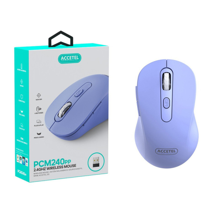 PCM240PP Mouse Sem Fio 2.4GHZ 800/1200/1600 DPI 6 Botões - Roxo