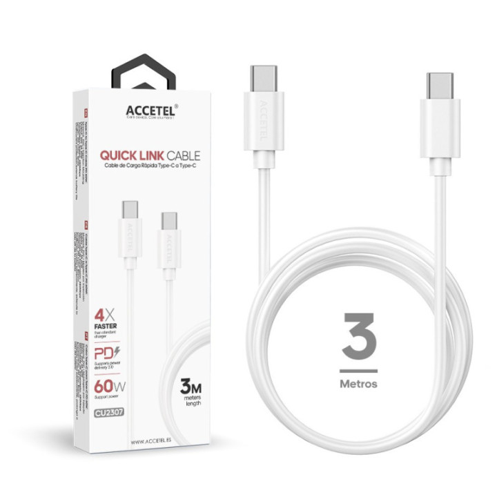 CU2307 Cabo de carregamento rápido 60W Tipo-C a Tipo-C Máx.20V 3A (3M) Branco