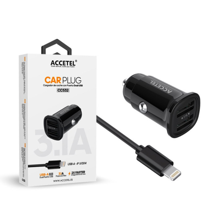 CC532 Carregador de Carro Duplo USB 3.1A - Cabo Lightning