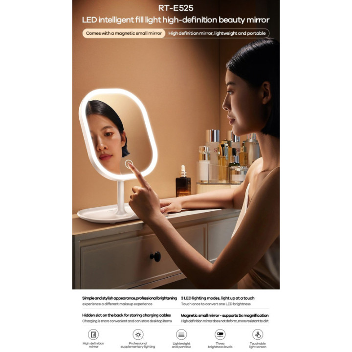 Espelho de Maquilhagem LED Inteligente com Ampliação 5X e Carregamento USB-C