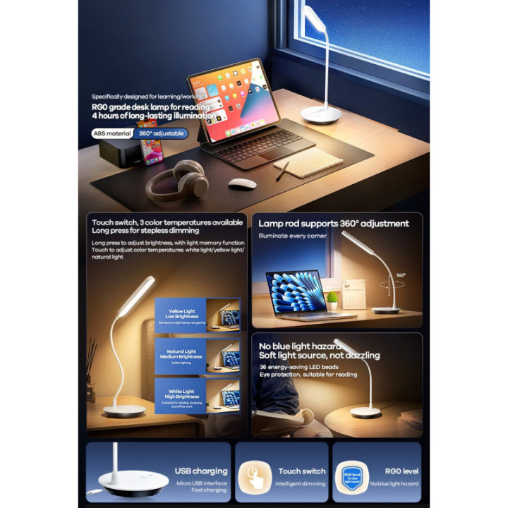 Lâmpada de Mesa LED Flexível 360° com Regulação Tátil e Bateria 1200mAh